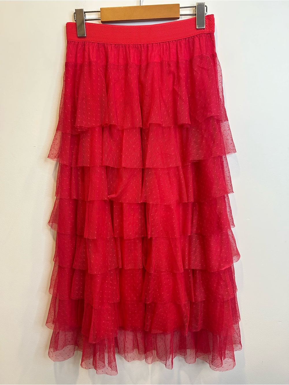 Anthropologie Tiered Tulle Midi Skirt Red